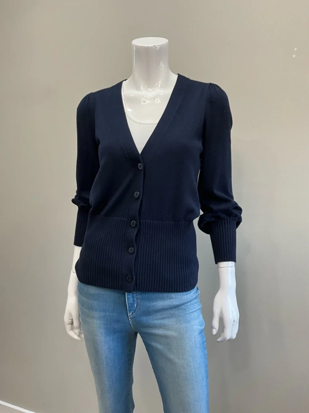 TRINA TURK Navy V-Neck Button Front Cardigan Ribbed Waist Puff Sleeve XS - Picture 2 of 10